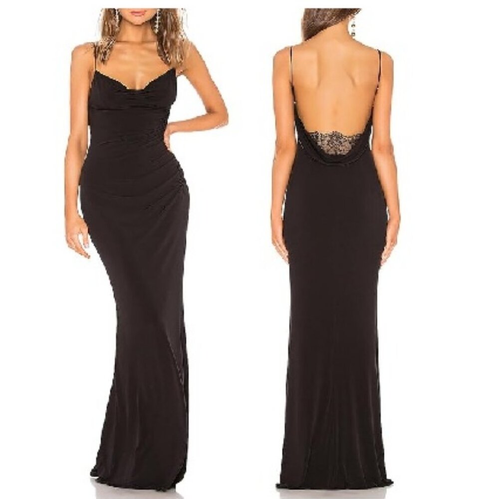 NWT. Full Length Black Evening Gown with Open back and Lace. Size Large.